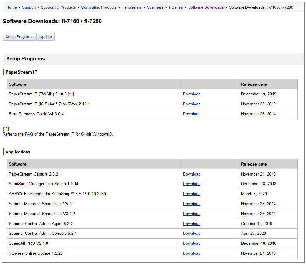 updated software for fujitsu fi 7160